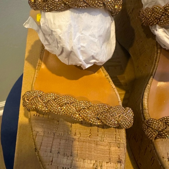 Steve Madden Danya Cork Wedge Sandals Bronze Rhinestone Braided Straps - Picture 10 of 11